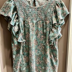 Maurices Blue Smocked Blouse with Square Neck and Flutter Sleeves
